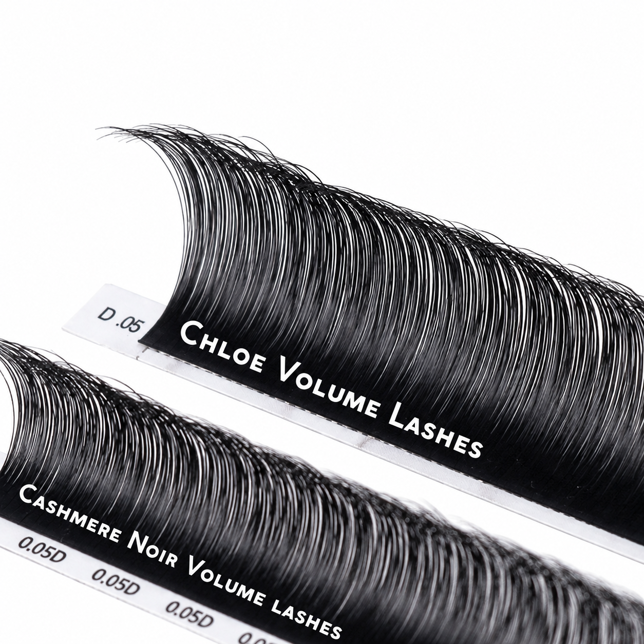 0.05 Chloe Volume Lashes and Cashmere Noir Volume Lashes comparison with matte black lash fibers for handmade volume fans