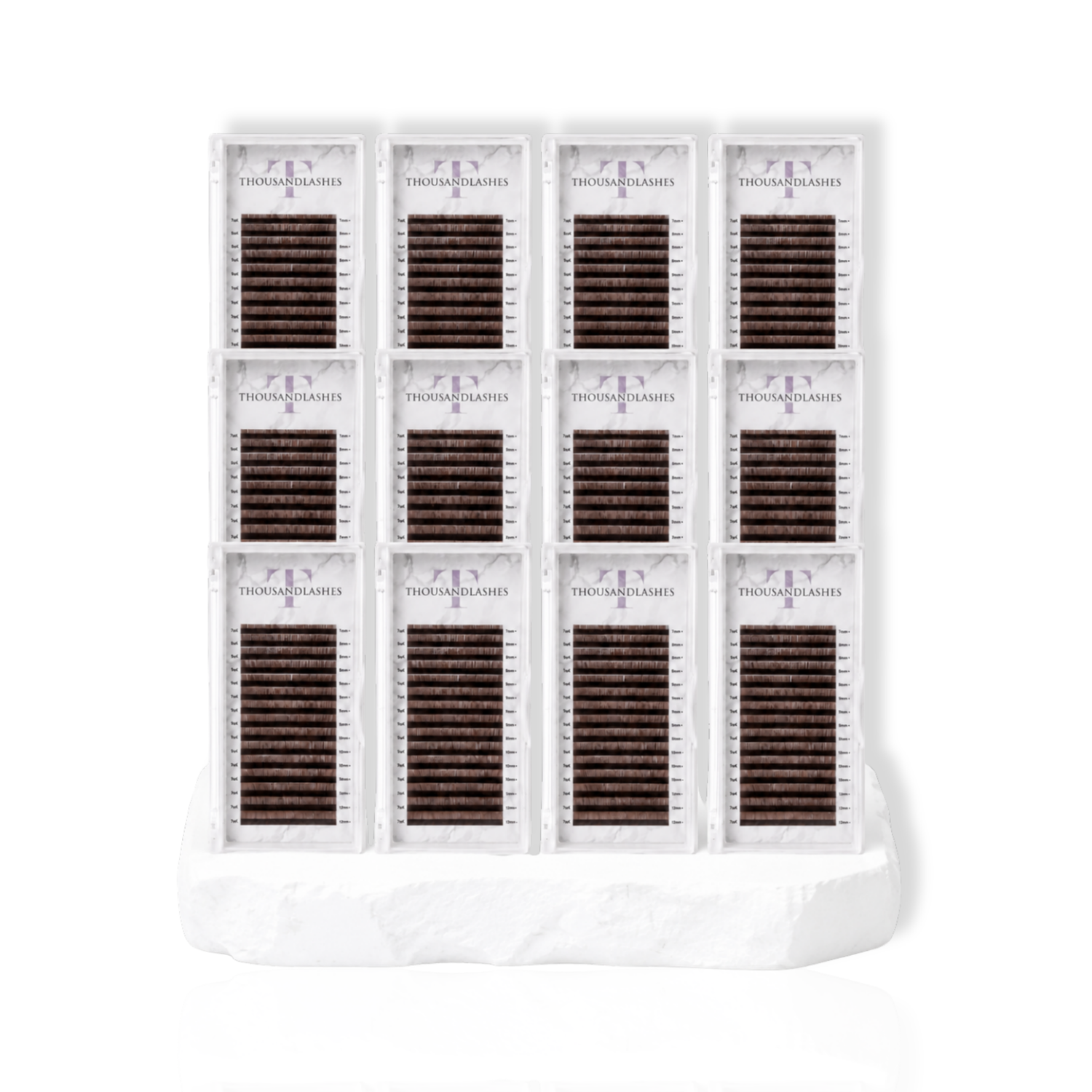 12 Tray Set Cashmere Brown Collection Volume Lashes with soft brown matte lash fibers for volume lash extensions