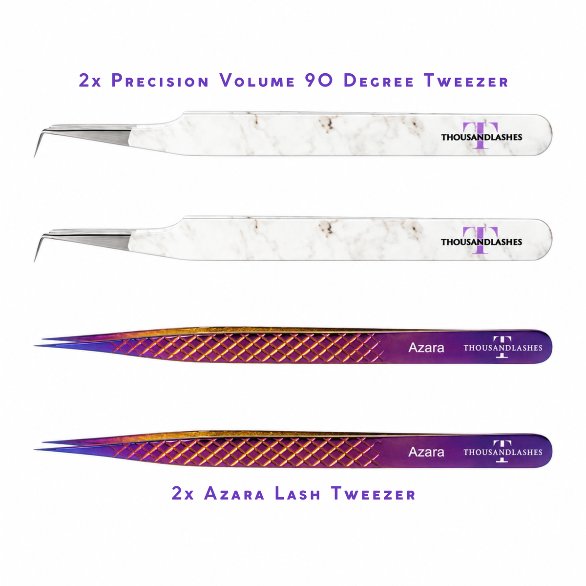 2x Precision Volume 90 Degree Tweezers and 2x Azara Lash Tweezers displayed with white marble and purple designs for eyelash extension application.