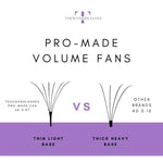 6D Pro Made Volume Fans comparison showing thin light lash bases versus heavy lash bases for professional volume extensions