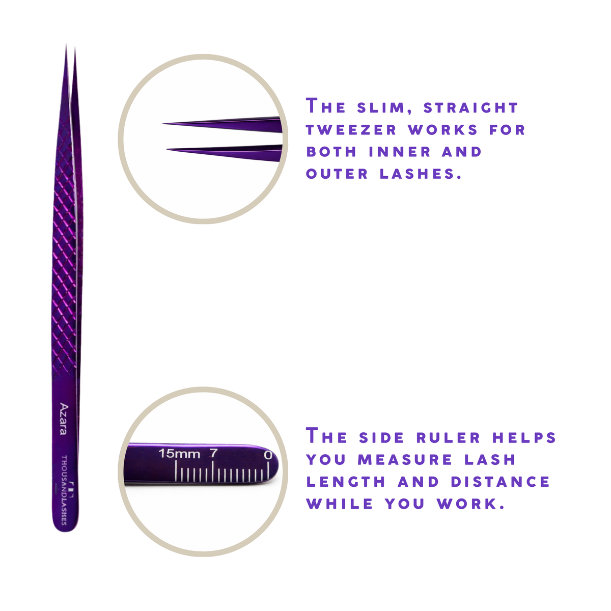 Azara Lash Tweezer with slim straight tip and side ruler for measuring lash length and distance during eyelash extension application.