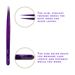 Azara Lash Tweezer with slim straight tip and side ruler for measuring lash length and distance during eyelash extension application.