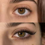 Before and after comparison of Cashmere Noir Volume Lashes showing fuller dark matte lash extensions