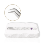 Beginner's lash tweezer with white marble-pattern handle and angled precision tip displayed on a white stone surface with a close-up of the tweezer tip.