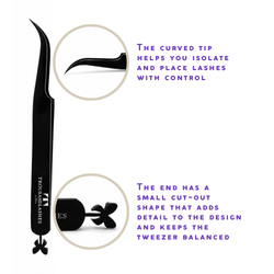 Black dolphin-shaped curved lash tweezer featuring an ergonomic curved design for isolating and placing lash extensions with precision