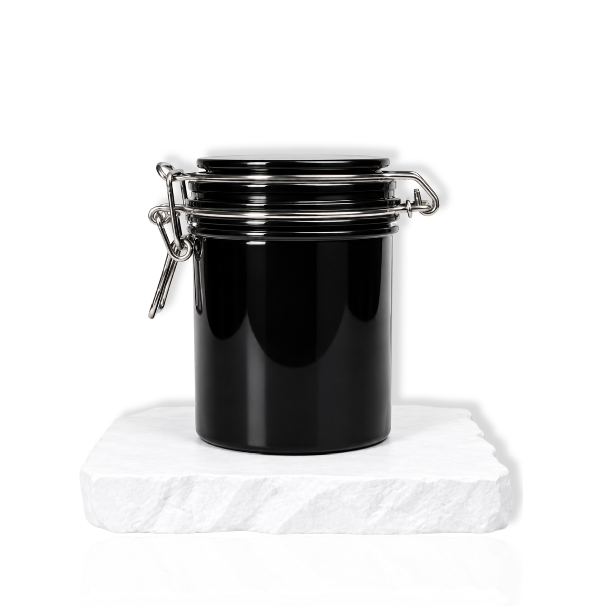 Black lash glue storage container with airtight lid displayed on a white stone surface.