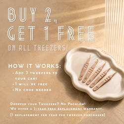 Buy 2 get 1 free lash tweezer promotion showing a set of rose gold eyelash extension tweezers with offer details and replacement warranty information.