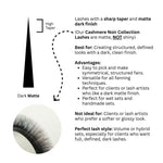 Cashmere Noir Collection Classic Lashes guide showing matte black finish, lash features, and application details