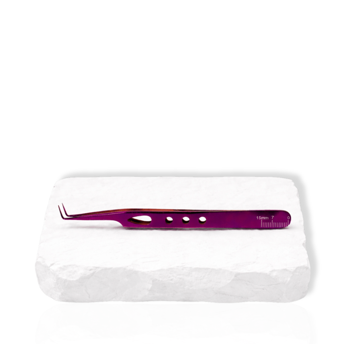 Chloe lash tweezer close-up showing the curved tip and grip holes on the handle