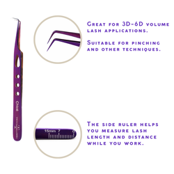 Chloe lash tweezer features showing curved tip, volume lash application design, and side ruler measurement markings