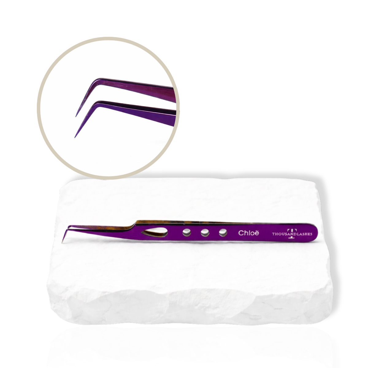 Chloe purple lash tweezer with curved tip displayed on a white stone background