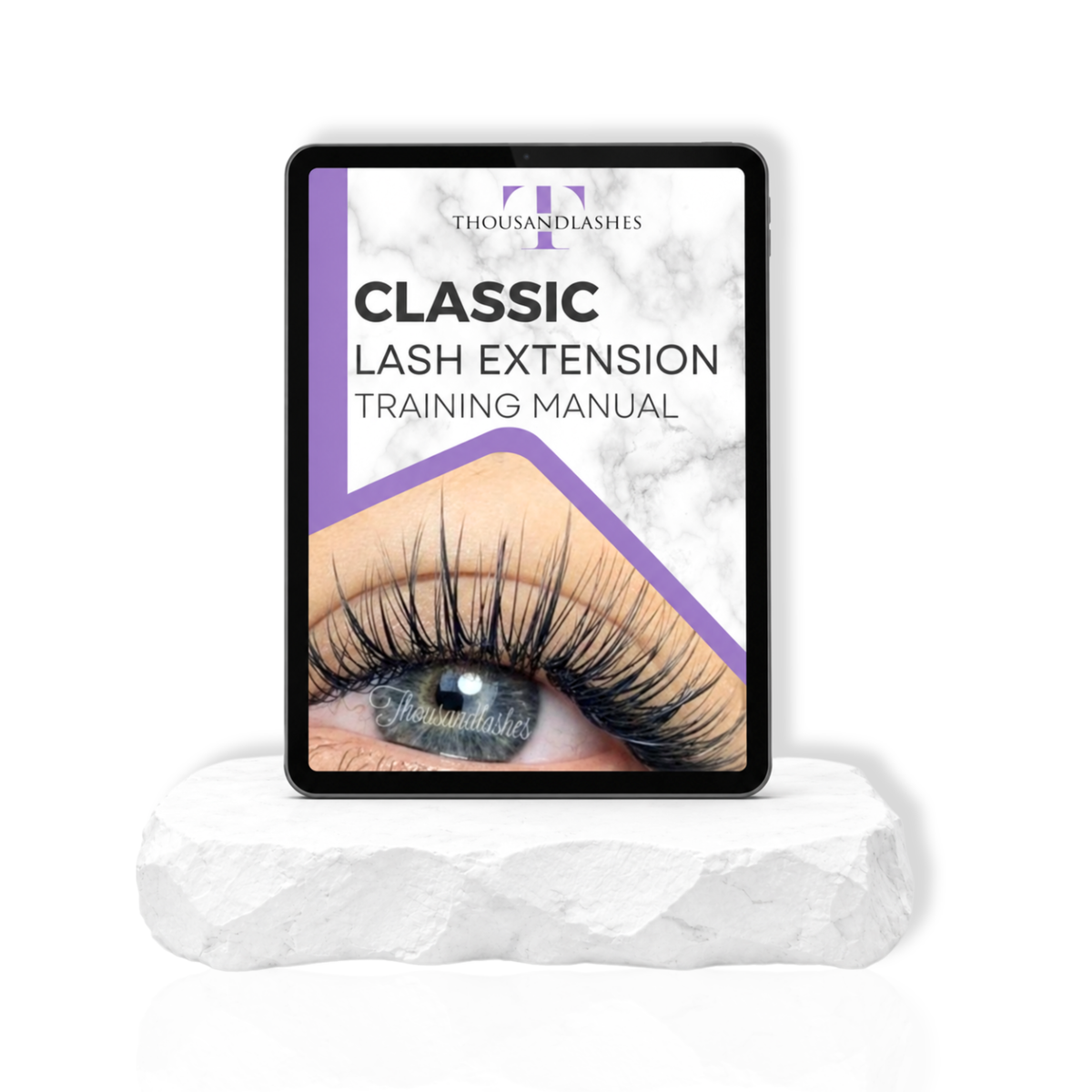 Classic lash extension training manual displayed on a tablet with a lash extension cover design and close-up image of a classic lash set.