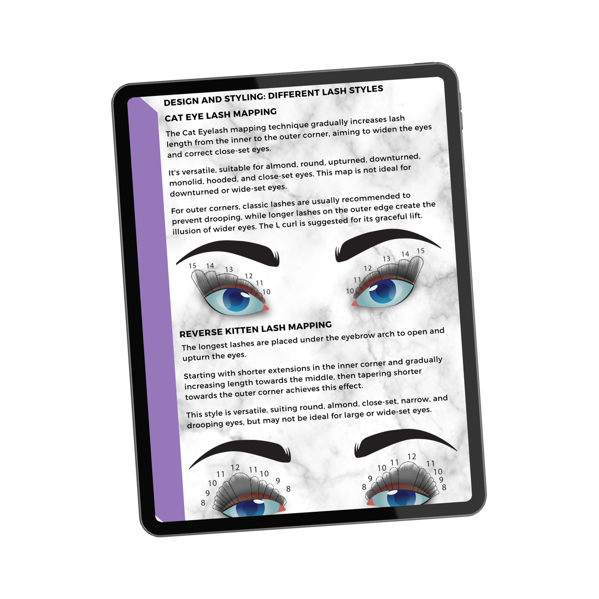 Classic lash extension training manual page displayed on a tablet showing cat eye lash mapping and reverse kitten lash mapping guides with eye styling diagrams.