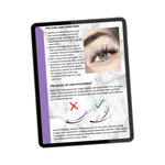 Classic lash extension training manual page displayed on a tablet showing lash direction tips, lash placement techniques, and extension alignment diagrams.