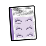Classic lash extension training manual page displayed on a tablet showing lash mapping guides and eyeliner mapping exercises for lash styling practice.