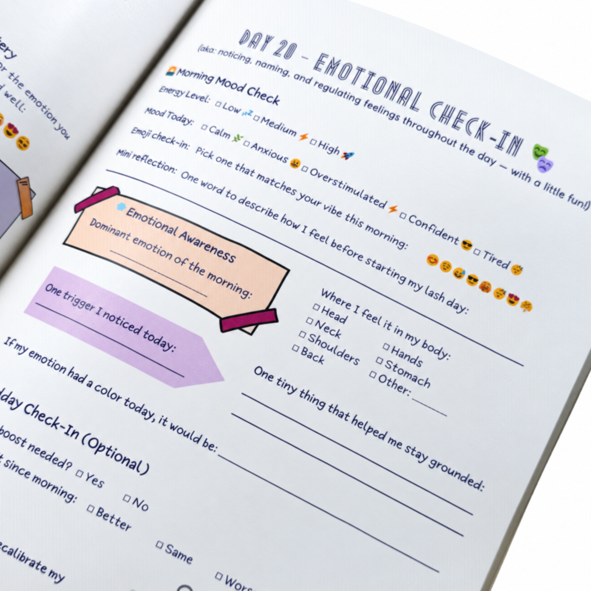 Day 20 Emotional Check-In worksheet with prompts for morning mood, emotional awareness, triggers, body sensations, and grounding reflection.