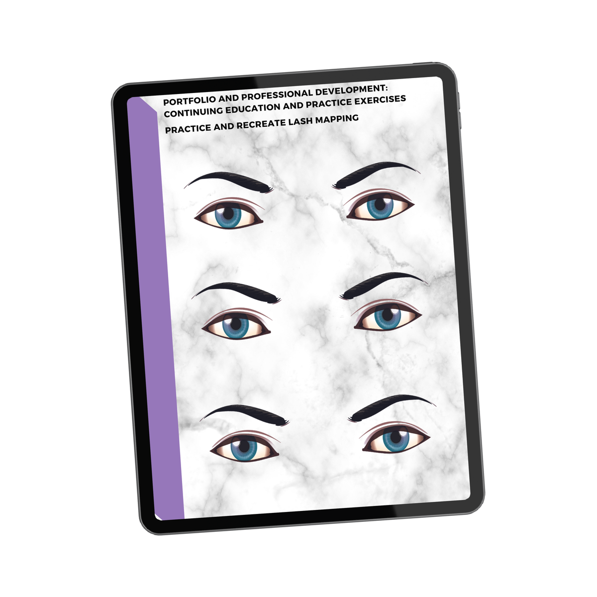 Digital lash mapping practice sheet displayed on a tablet with multiple eye illustrations for lash extension training and styling exercises.
