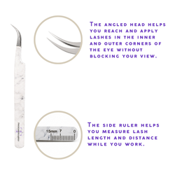 Dolphin lash tweezer features showing angled head design for lash application and side ruler for measuring lash length and distance