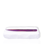 Elodie 45-degree lash extension tweezer with a purple handle, angled tip, and built-in ruler displayed on a white stone surface.