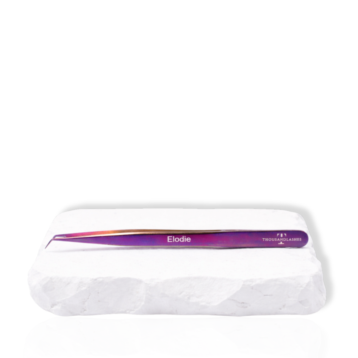 Elodie 45-degree lash tweezer with a purple handle and angled tip displayed on a white stone surface.