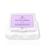 Eyelid shaped practice sponge set in a clear container for lash extension training and mapping practice.