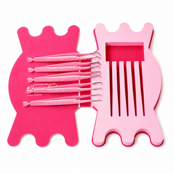Five pink Thousandlashes lash tweezers stored inside the open Candy Collection holder.