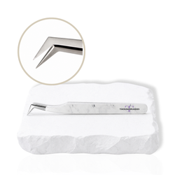 L-shaped lash tweezer with white marble-pattern handle showing the angled precision tip and close-up view of the curved tweezer tip on a white background.