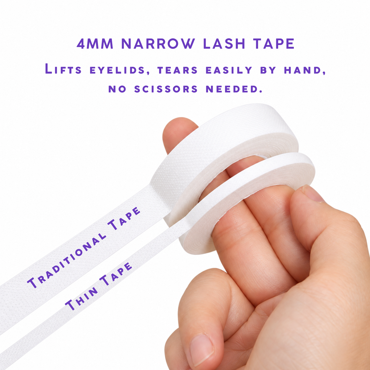 Lash artist holding 4mm narrow lash tape strip with easy tear design for eyelash extension application