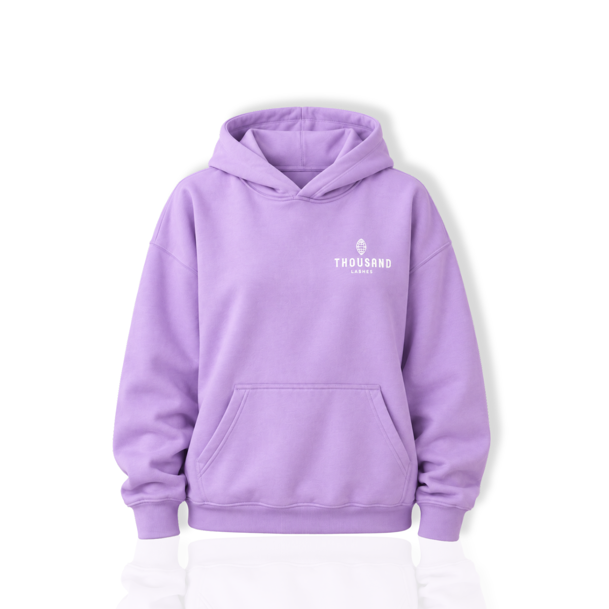 Lavender oversized hoodie for lash artists with Thousand Lashes logo on the front, featuring a hood, long sleeves, and front kangaroo pocket on a white background.
