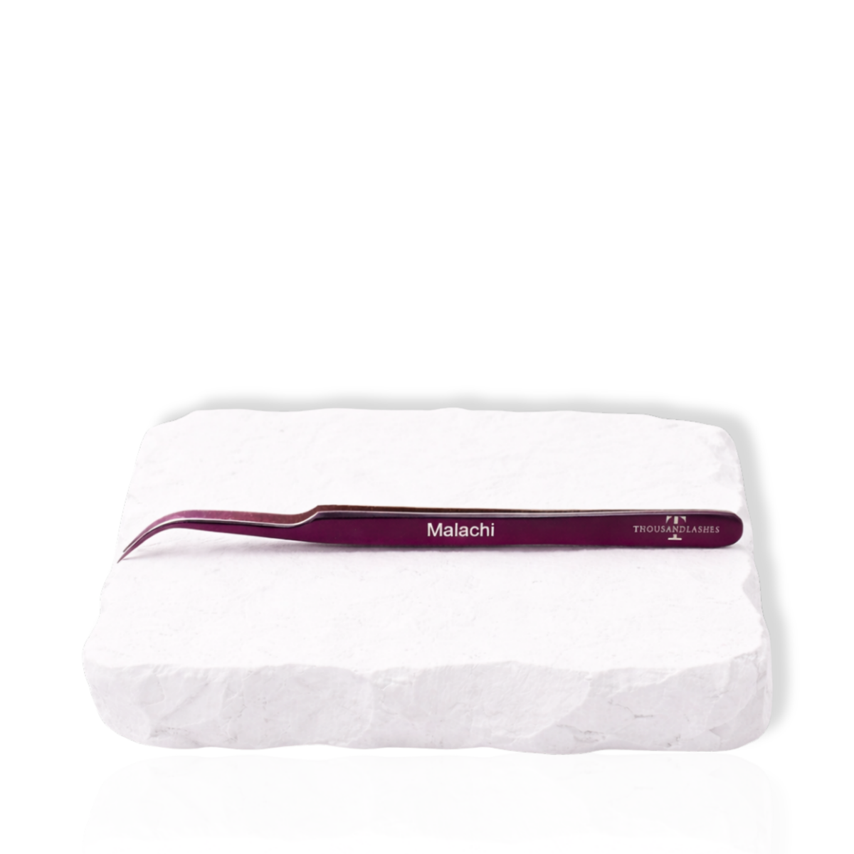 Malachi curved lash tweezer side view showing the purple finish and slim handle design