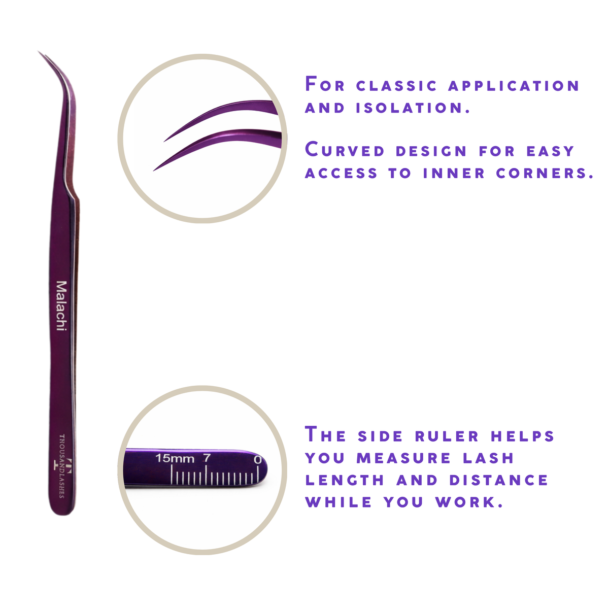 Malachi lash tweezer features showing curved design for classic lash application and side ruler for measuring lash length and distance