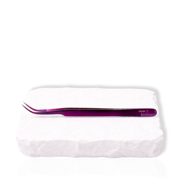 Malachi lash tweezer side view showing the curved tip and precision grip