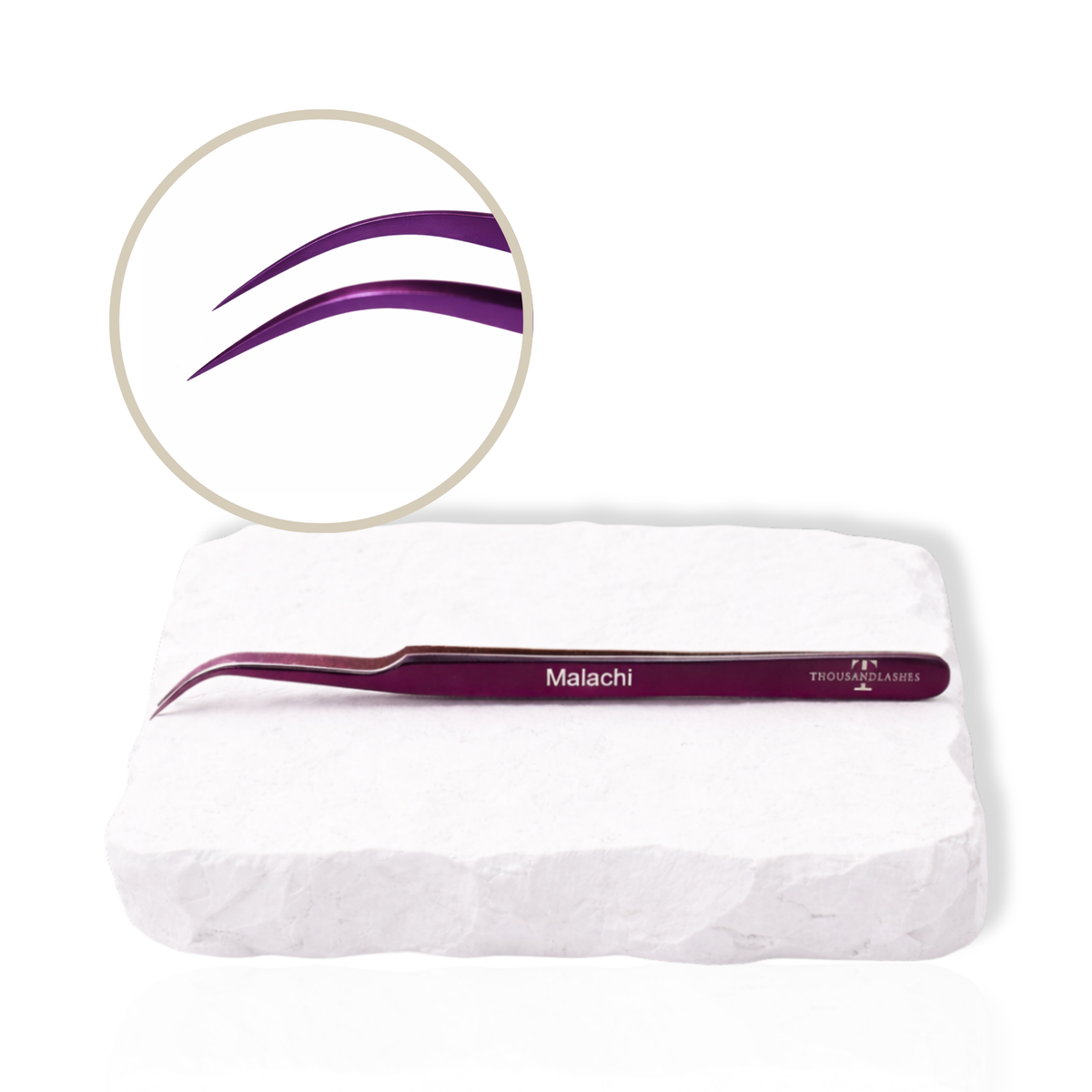 Malachi lash tweezer with curved precision tip displayed on a white stone background