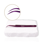 Malachi lash tweezer with curved precision tip displayed on a white stone background
