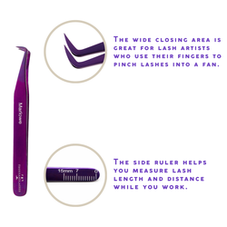 Marlowe lash tweezer features showing angled tip, lash fan grip area, and side ruler measurement markings