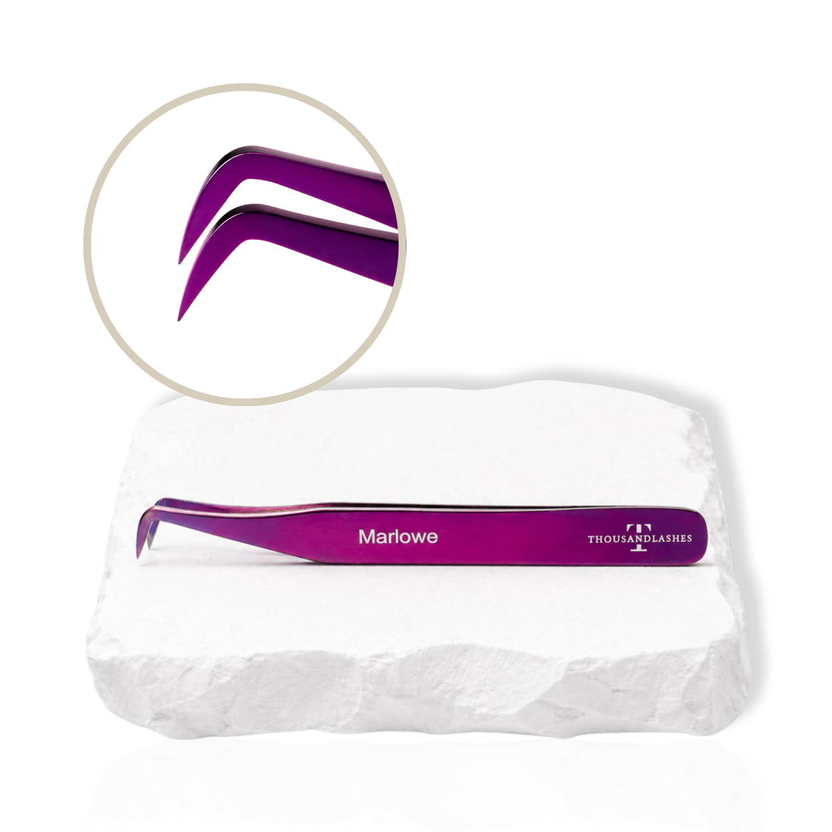 Marlowe lash tweezer product image showing angled tip design on a white stone background