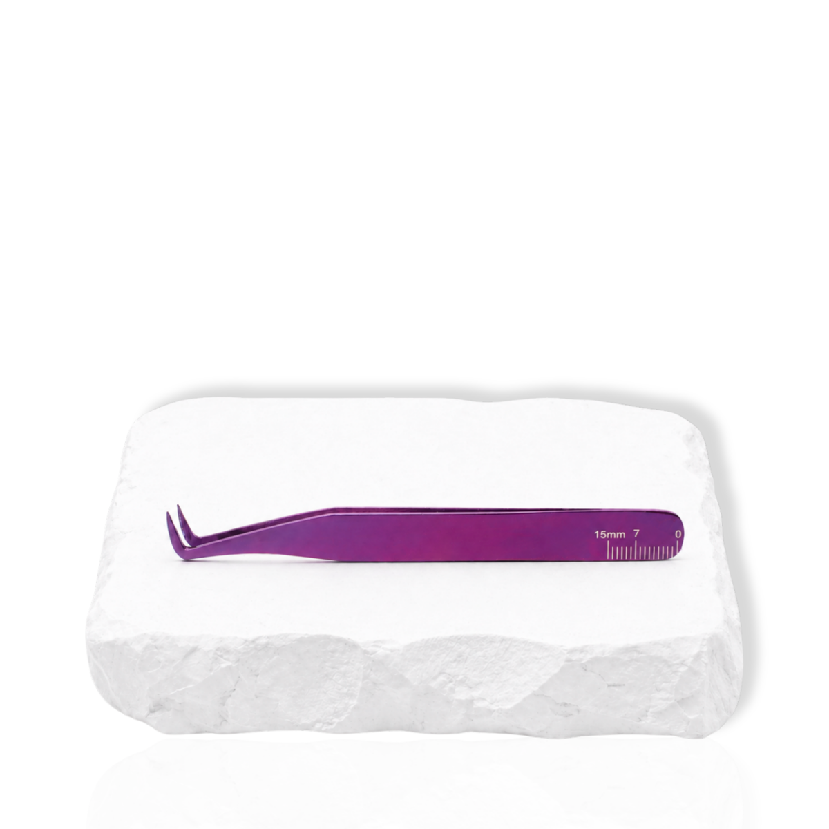 Marlowe lash tweezer side view showing the purple finish and angled tip