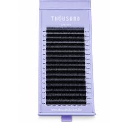 Open thousandlashes W Lashes tray showing rows of black lash extensions in multiple lengths