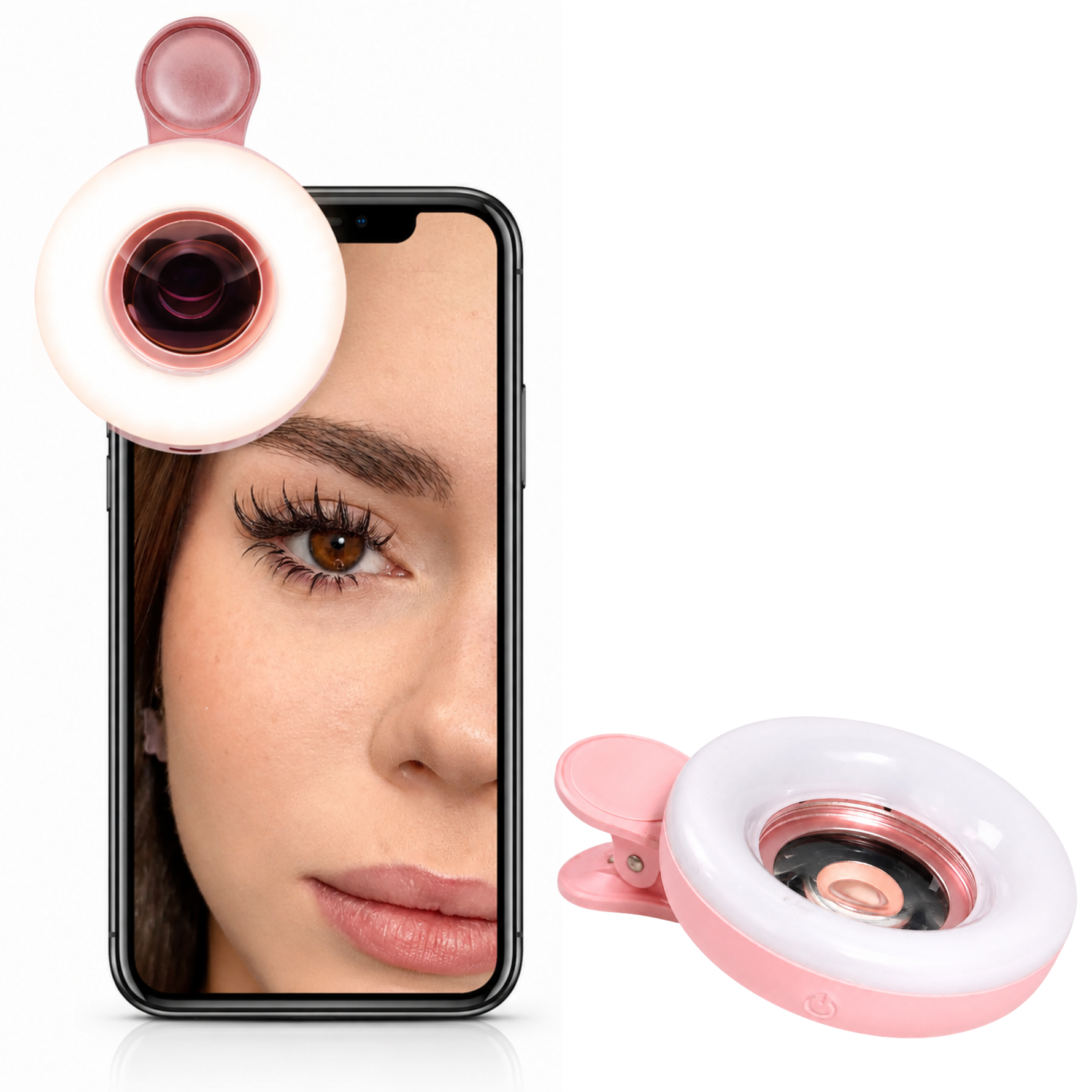 Pink clip-on macro camera lens for smartphone with 15X magnification features