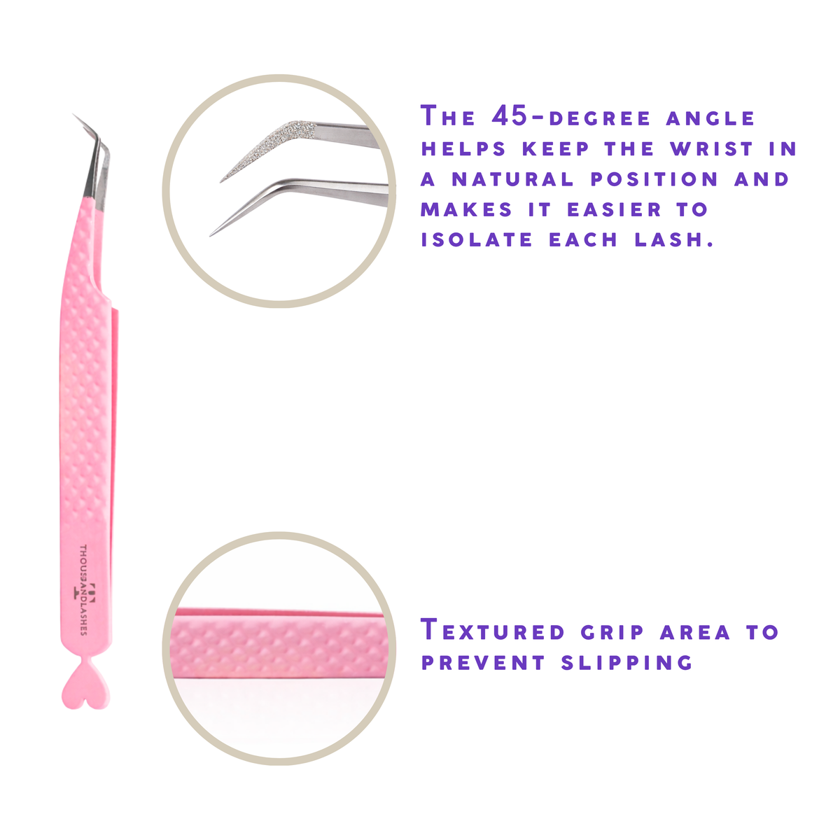 Pink Thousandlashes 45-degree isolation tweezer showing the angled tip and textured grip.