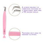 Pink Thousandlashes hybrid 90-degree lash tweezer showing the angled tip and textured grip.