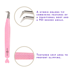 Pink Thousandlashes hybrid 90-degree lash tweezer showing the angled tip and textured grip.