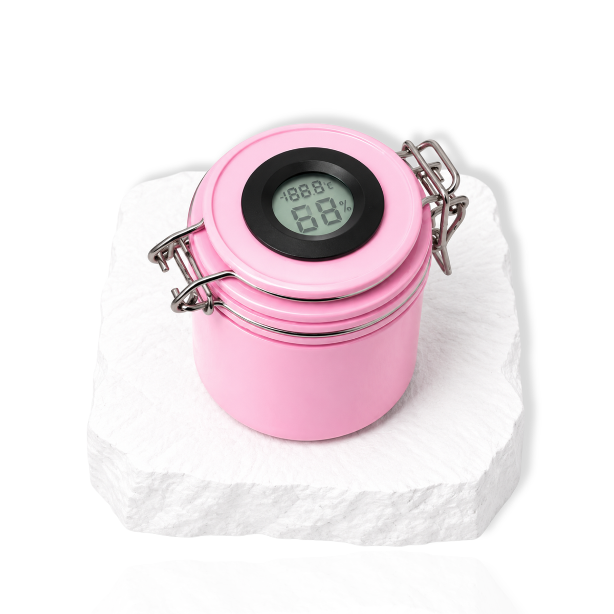 Pink lash glue storage container with digital humidity display on the lid displayed on a white stone surface.