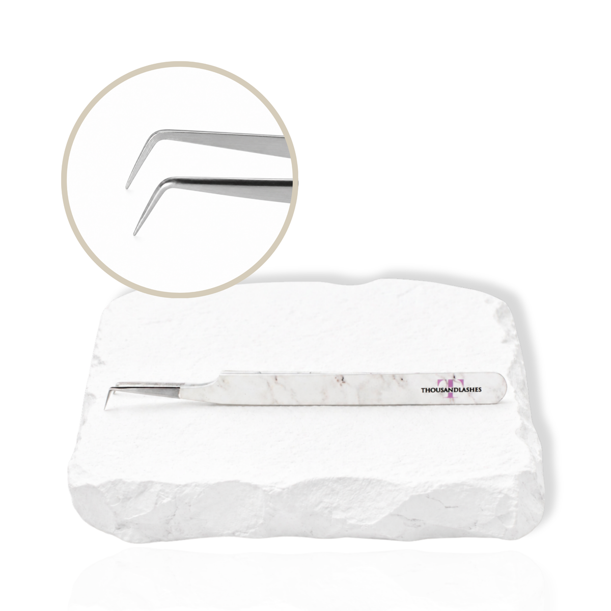 Precision Volume 90 Degree Tweezer with angled tip displayed on a white stone surface