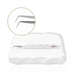 Precision Volume 90 Degree Tweezer with angled tip displayed on a white stone surface