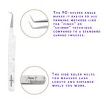 Precision Volume 90 Degree Tweezer with close-up details showing curved tip design and precision grip