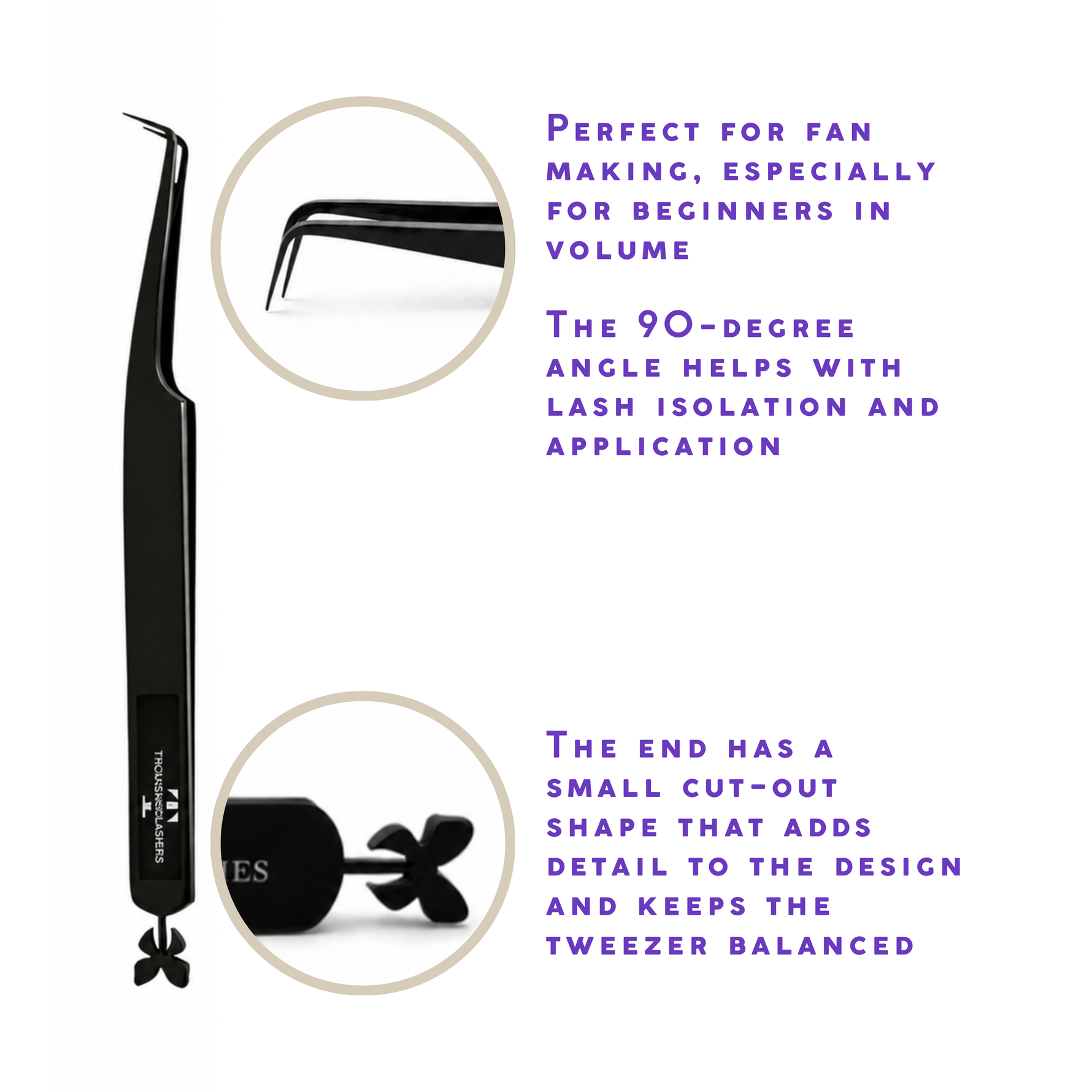 Premium Black 90 Degree Tweezer with an angled precision tip designed for lash isolation and volume fan creation