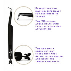 Premium Black 90 Degree Tweezer with an angled precision tip designed for lash isolation and volume fan creation