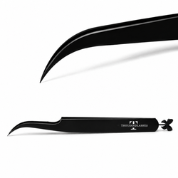 Premium Black Dolphin-Shaped Curved Tweezer with a curved precision tip designed for accurate lash placement during classic and volume lash applications