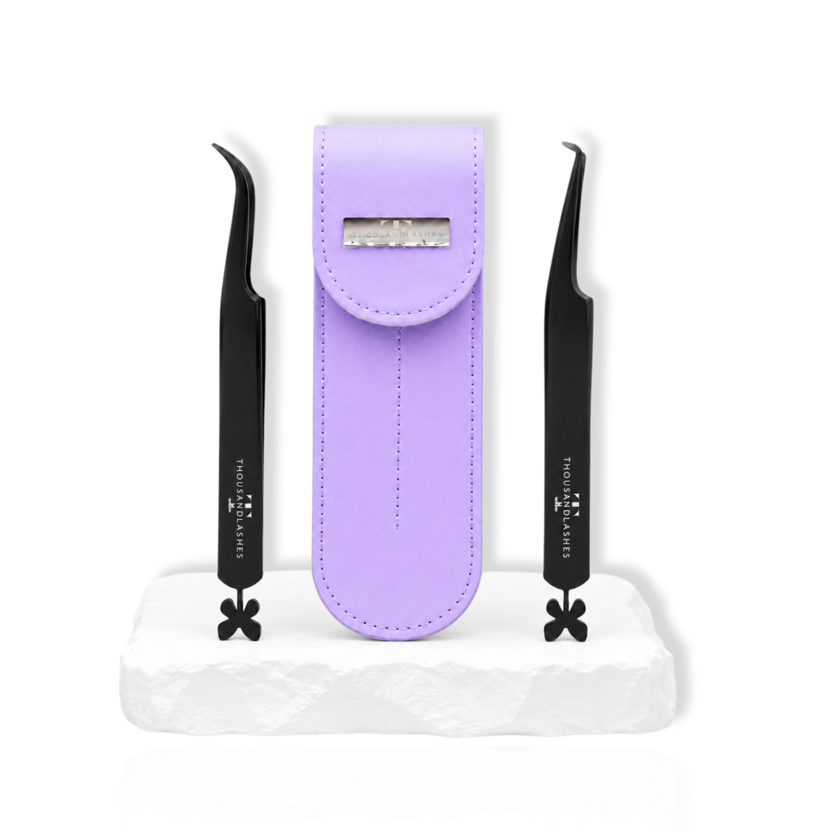 Premium Black Tweezers Duo featuring a curved dolphin-shaped tweezer and a 90-degree angled tweezer for lash extension application